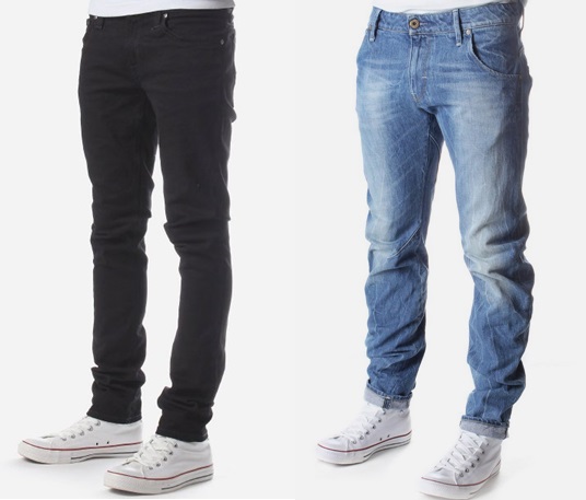 From left to right (Nudie Slim Jeans, Black, £89)		(G-Star Raw Slim Jeans, Light Wash, £90)