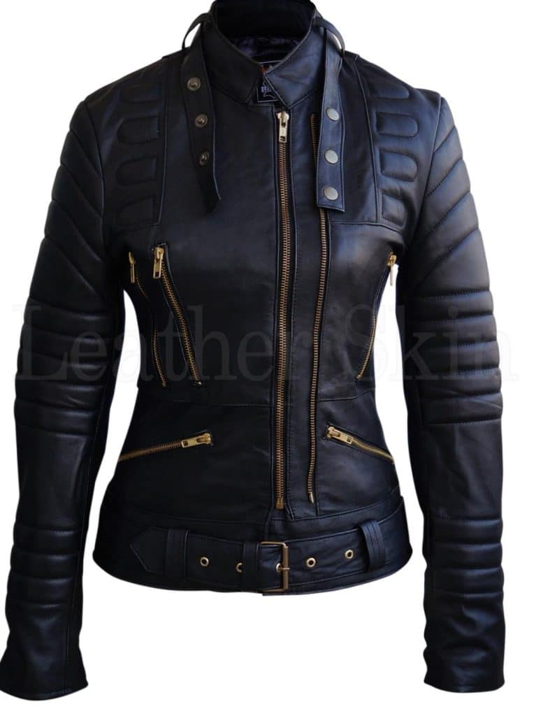 Women's Black Leather Jacket with Belt