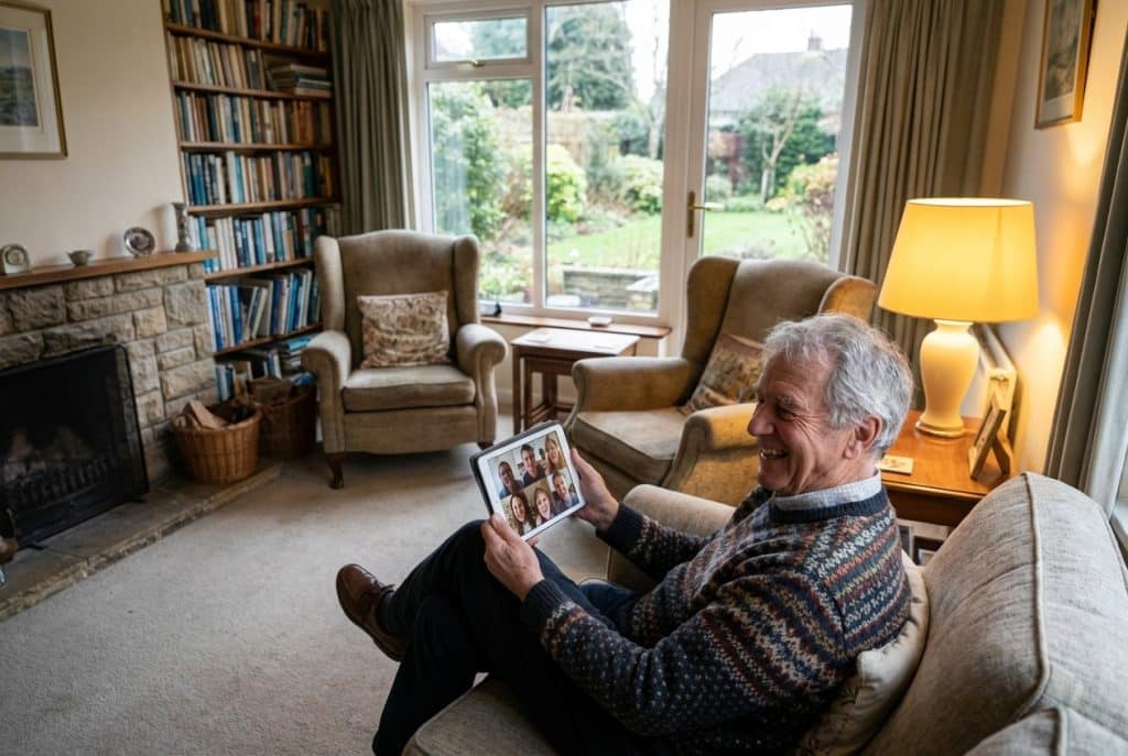 Senior man video calls family in cozy living room