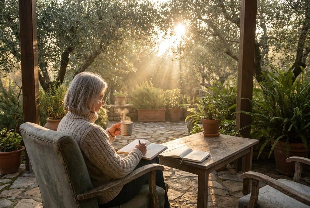 Older adult journaling peacefully on a serene outdoor patio at sunrise