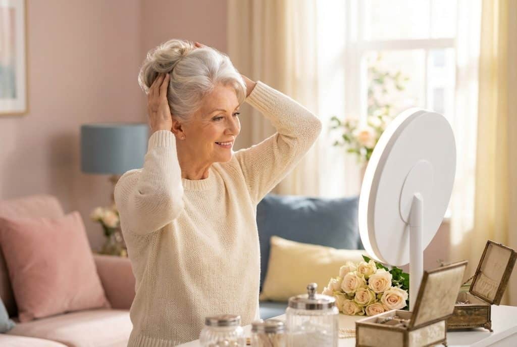 Smiling woman adjusts her hair in front of a mirror